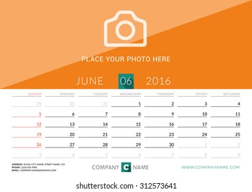 Desk Calendar 2016. Vector Design Print Template. June. Week Starts Sunday