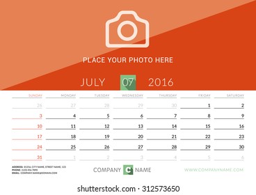 Desk Calendar 2016. Vector Design Print Template. July. Week Starts Sunday