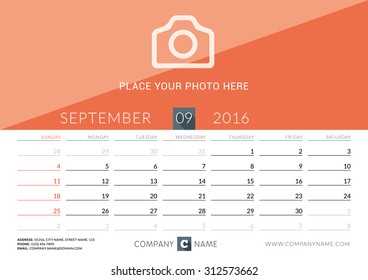 Desk Calendar 2016. Vector Design Print Template. September. Week Starts Sunday