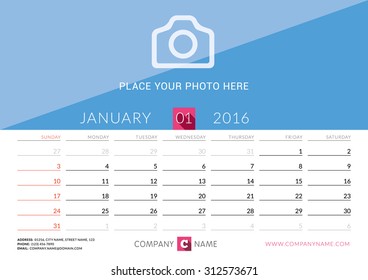 Desk Calendar 2016. Vector Design Print Template. January. Week Starts Sunday