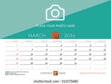 Desk Calendar 2016. Vector Design Print Template. March. Week Starts Sunday