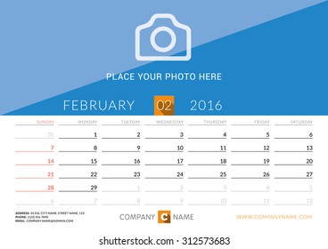 Desk Calendar 2016. Vector Design Print Template. February. Week Starts Sunday