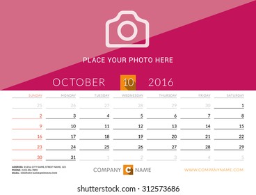 Desk Calendar 2016. Vector Design Print Template. October. Week Starts Sunday