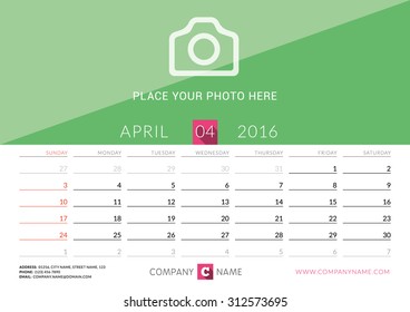 Desk Calendar 2016. Vector Design Print Template. April. Week Starts Sunday