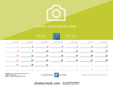 Desk Calendar 2016. Vector Design Print Template. May. Week Starts Sunday