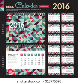 Desk Calendar 2016 Vector Design Template with abstract pattern. Set of 12 Months. vector illustration