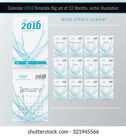 Desk Calendar 2016 Vector Design Template. Big set of 12 Months. Week Starts Sunday