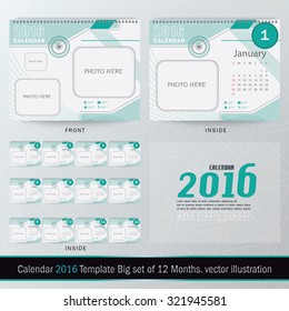 Desk Calendar 2016 Vector Design Template. Big set of 12 Months. Week Starts Sunday