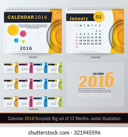 Desk Calendar 2016 Vector Design Template. Big set of 12 Months. Week Starts Sunday