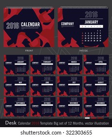 Desk Calendar 2016 Vector Design Template. Big set of 12 Months. Week Starts Sunday