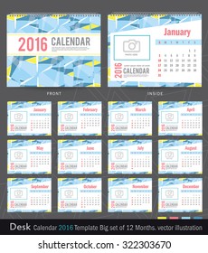 Desk Calendar 2016 Vector Design Template. Big set of 12 Months. Week Starts Sunday