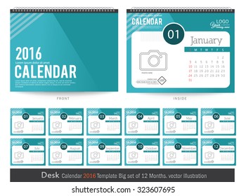 Desk Calendar 2016 Vector Design Template. Big set of 12 Months. Week Starts Sunday