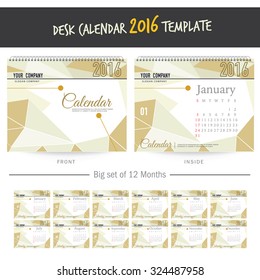 Desk Calendar 2016 Vector Design Template. Big set of 12 Months. Week Starts Sunday
