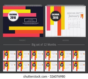 Desk Calendar 2016 Vector Design Template. Big set of 12 Months. Week Starts Sunday