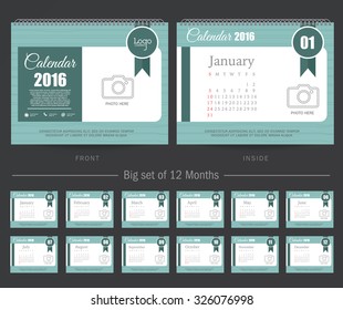Desk Calendar 2016 Vector Design Template. Big set of 12 Months. Week Starts Sunday
