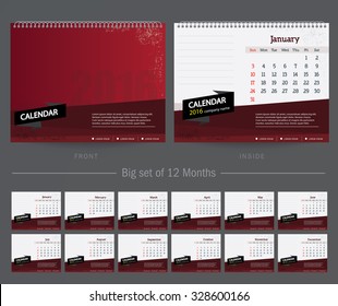 Desk Calendar 2016 Vector Design Template. Big set of 12 Months. Week Starts Sunday
