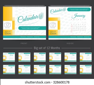 Desk Calendar 2016 Vector Design Template. Big set of 12 Months. Week Starts Sunday
