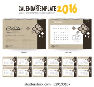 Desk Calendar 2016 Vector Design Template. Big set of 12 Months. Week Starts Sunday