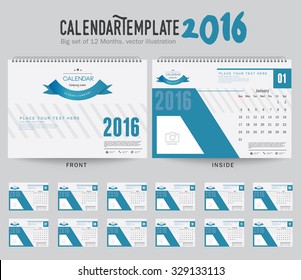 Desk Calendar 2016 Vector Design Template. Big set of 12 Months. Week Starts Sunday