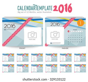 Desk Calendar 2016 Vector Design Template. Big set of 12 Months. Week Starts Sunday