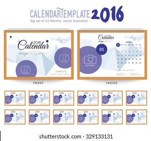 Desk Calendar 2016 Vector Design Template. Big set of 12 Months. Week Starts Sunday