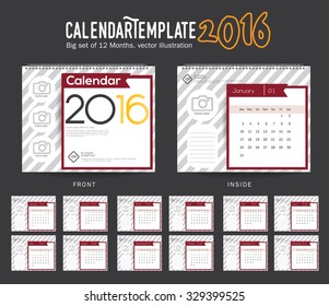 Desk Calendar 2016 Vector Design Template. Big set of 12 Months. Week Starts Sunday