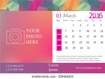 Desk Calendar 2016 Vector Design Template. Week Starts Monday.march