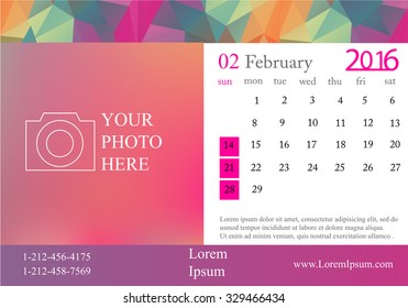 Desk Calendar 2016 Vector Design Template. Week Starts Monday.february