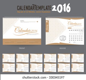 Desk Calendar 2016 Vector Design Template. Big set of 12 Months. Week Starts Sunday