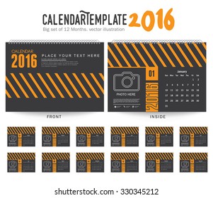 Desk Calendar 2016 Vector Design Template. Big set of 12 Months. Week Starts Sunday