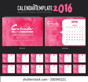 Desk Calendar 2016 Vector Design Template. Big set of 12 Months. Week Starts Sunday