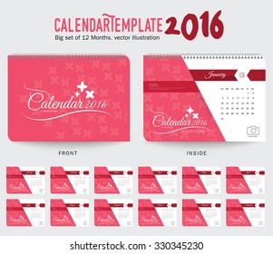 Desk Calendar 2016 Vector Design Template. Big set of 12 Months. Week Starts Sunday