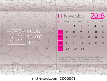 Desk Calendar 2016 Vector Design Template. Week Starts Monday.