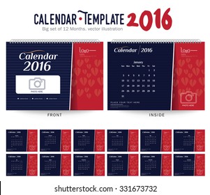 Desk Calendar 2016 Vector Design Template. Big set of 12 Months. Week Starts Sunday
