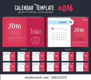 Desk Calendar 2016 Vector Design Template. Big set of 12 Months. Week Starts Sunday