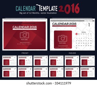 Desk Calendar 2016 Vector Design Template. Big set of 12 Months. Week Starts Sunday