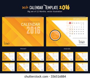 Desk Calendar 2016 Vector Design Template. Big set of 12 Months. Week Starts Sunday