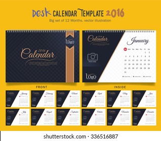 Desk Calendar 2016 Vector Design Template. Big set of 12 Months. Week Starts Sunday