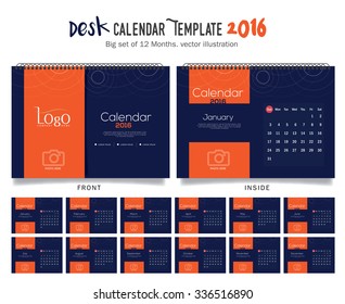 Desk Calendar 2016 Vector Design Template. Big set of 12 Months. Week Starts Sunday