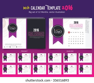 Desk Calendar 2016 Vector Design Template. Big set of 12 Months. Week Starts Sunday