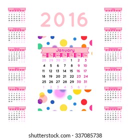 Desk Calendar 2016 Vector Design Template with abstract circle pattern. Set of 12 Months. vector illustration.
