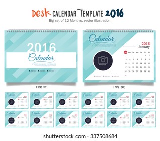 Desk Calendar 2016 Vector Design Template. Big set of 12 Months. Week Starts Sunday