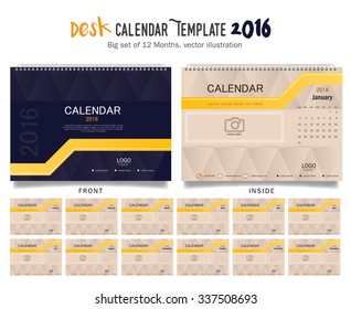 Desk Calendar 2016 Vector Design Template. Big set of 12 Months. Week Starts Sunday