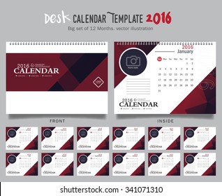 Desk Calendar 2016 Vector Design Template. Big set of 12 Months. Week Starts Sunday