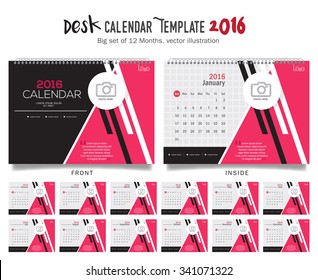 Desk Calendar 2016 Vector Design Template. Big set of 12 Months. Week Starts Sunday