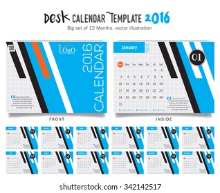 Desk Calendar 2016 Vector Design Template. Big set of 12 Months. Week Starts Sunday