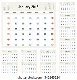 Desk Calendar 2016 Vector Design Template. Set of 12 Months. vector illustration