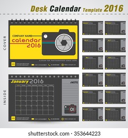 Desk calendar 2016 vector design template with camera sign for new year,photographer ,photography Can be used for new year, company ,office, business,holiday plan or planner vector illustration