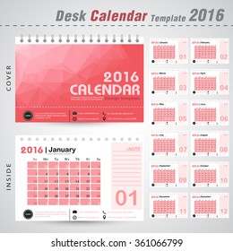 Desk Calendar 2016 vector design template red with triangle abstract pattern background. Set of 12 Months .