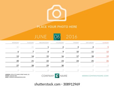 Desk Calendar 2016. Vector Print Template. June. Week Starts Monday. Vector Illustration